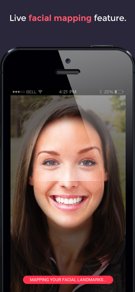 A mobile screen showing live facial mapping technology with a woman's face covered in a white grid of tracking points for virtual glasses try-on.