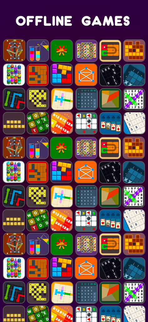 オフラインゲームアプリで利用可能な様々なパズルゲームアイコンのカラフルなグリッド