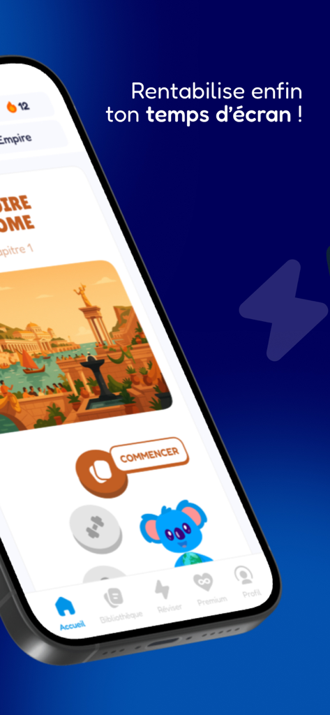 Smartphone screen showing the Sapio app home interface with a history lesson on the Roman Empire and a koala mascot