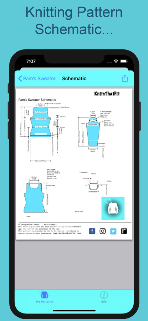 KnitsThatFit Sweaters Premium - Detailed technical schematic of a custom knitting pattern showing sweater measurements and stitch counts.