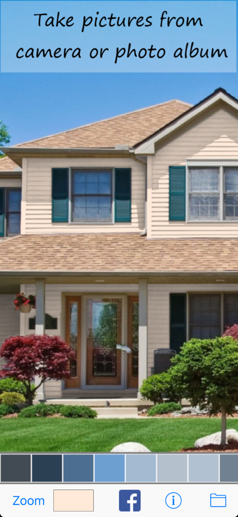 Interface of the Paint My Wall Pro app showing a suburban house exterior with virtual paint options