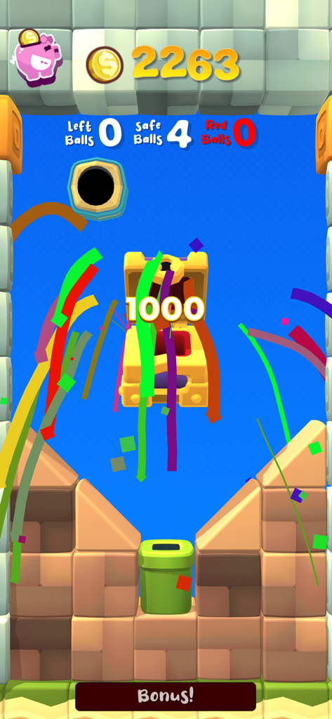 Captura de pantalla del juego de Money Wall King of Coins mostrando un cofre de recompensas abriéndose con un bono de 1000 puntos.