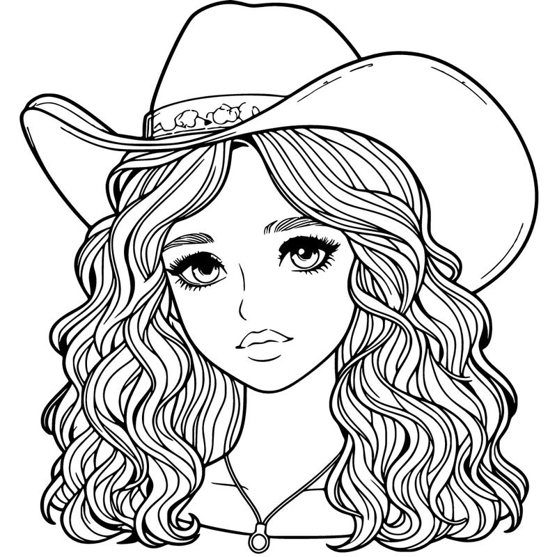 a realistic girl with a cowboy hat and wavy hair