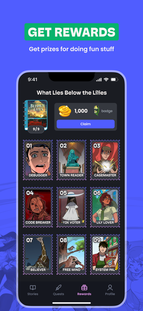 Storygrounds: Webtoons, Comics - Belohnungsbereich der Storygrounds-App mit digitalen Stempeln und sammelbaren Münzpreisen