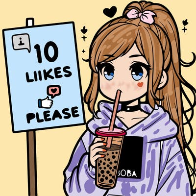 girl with a high ponytail and a hoodie drinking boba staring at a sign saying 10 likes please