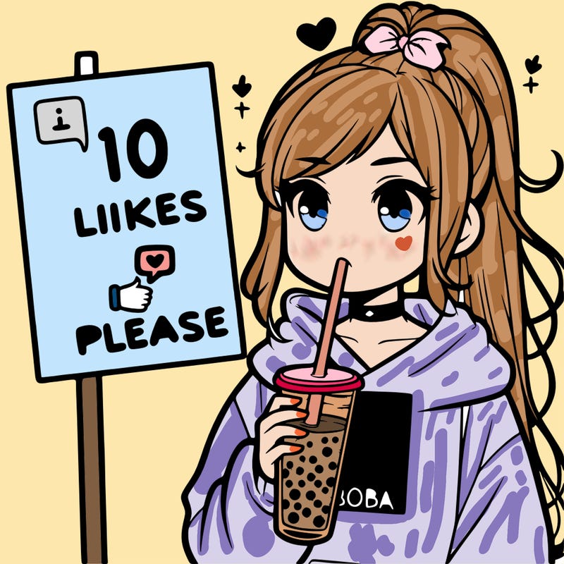 girl with a high ponytail and a hoodie drinking boba staring at a sign saying 10 likes please