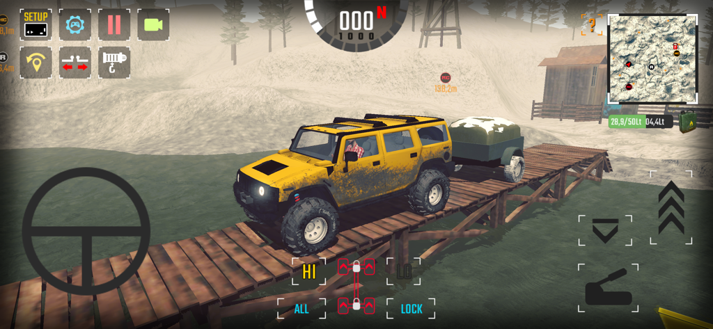 [PROJECT:OFFROAD][20] - Camión todoterreno amarillo tirando de un remolque a través de un puente de madera en un juego de simulación de física realista