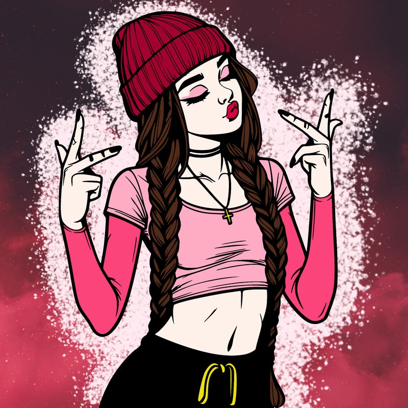 realistic teenage girl with braids and a beanie and crop top doing 🫶🏼