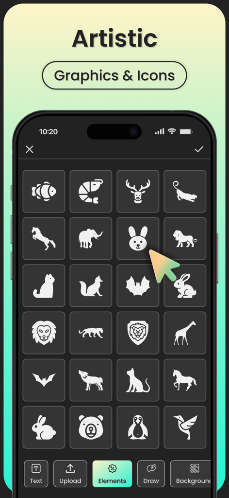 Logo Maker：Logo Design - Uma biblioteca de ícones e gráficos artísticos de animais dentro da interface do aplicativo de design de logos.