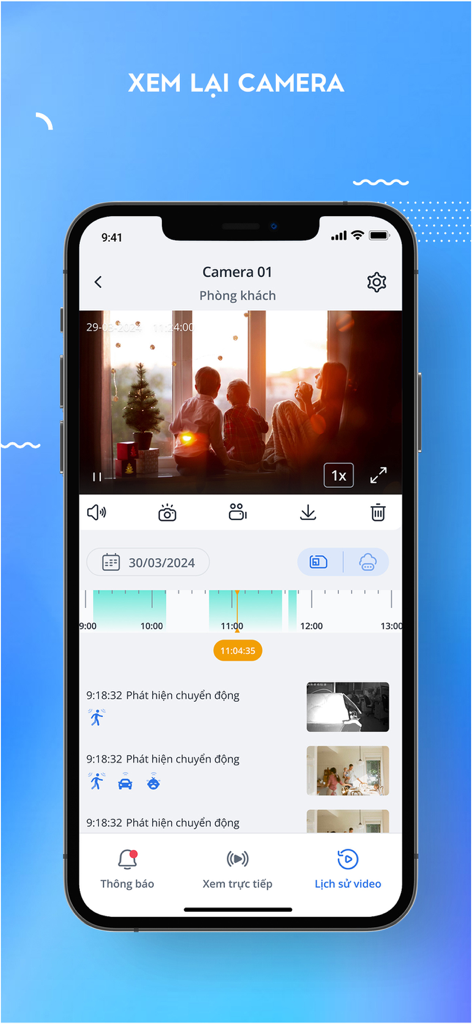 ONE Home - Interfaz de la aplicación ONE Home mostrando grabaciones de video de cámaras de seguridad con una línea de tiempo y alertas de detección de movimiento.