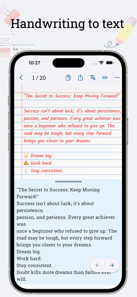 Text Scan : Image to Text OCR - Una pantalla de iPhone que demuestra la aplicación convirtiendo una nota escrita a mano en texto digital editable.
