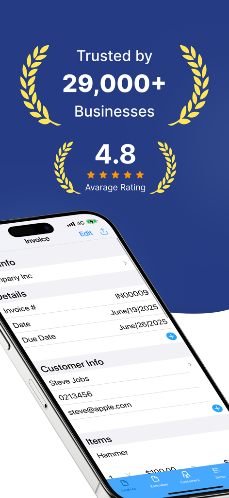 Invoice Maker Flex app interface showing a 4.8 star rating and trusted by over 29000 businesses