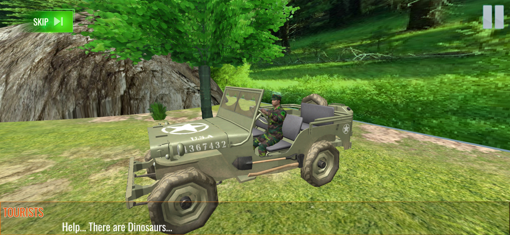 Dinosaur Hunting World Game - A 3D military jeep driven by a soldier in a forest environment from the Dinosaur Hunting World Game