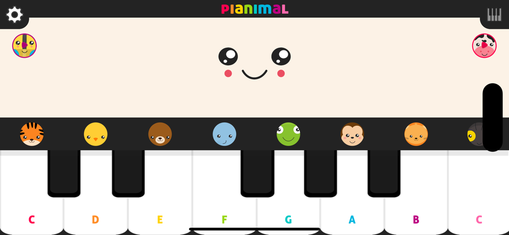 Pianimal Wild - Colorful piano keyboard with cute animal faces and musical notes for kids.