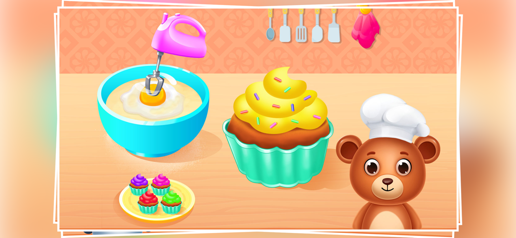 A cute bear chef standing next to a mixing bowl and decorated cupcakes in a colorful kitchen setting.