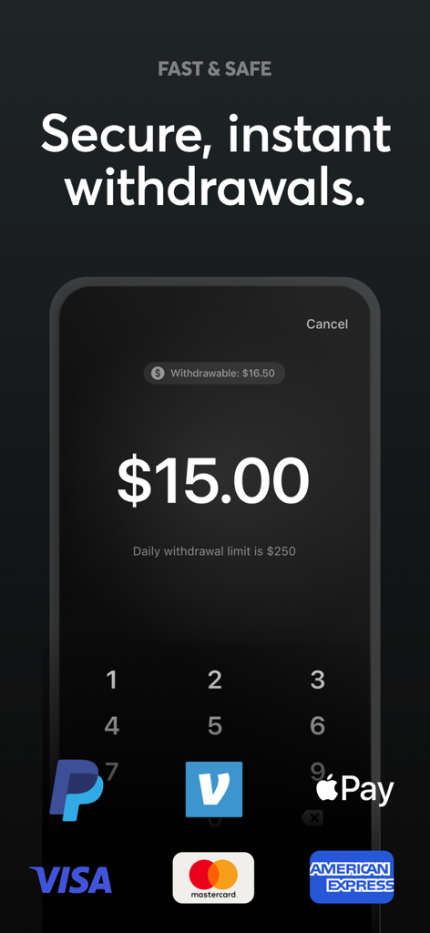Pantalla de smartphone que muestra un retiro seguro de quince dólares en efectivo de la aplicación Triumph con logotipos de pago para PayPal, Venmo y Apple Pay