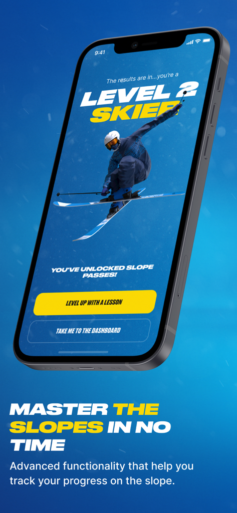 스키 두바이 앱 인터페이스에 레벨 2 스키어 달성 및 잠금 해제된 슬로프 패스가 표시됩니다.