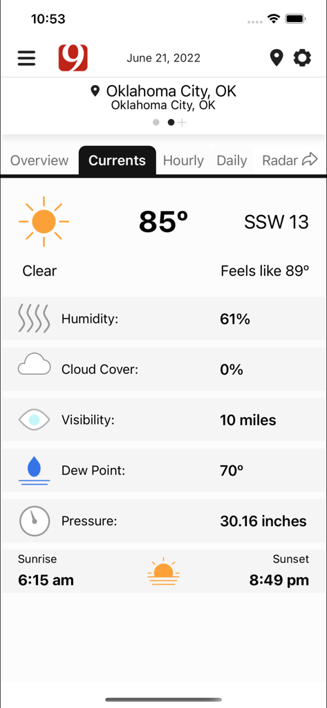 Current weather conditions for Oklahoma City in the News 9 Weather mobile app.