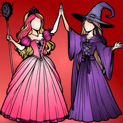 detailed realistic split of a princess and a witch