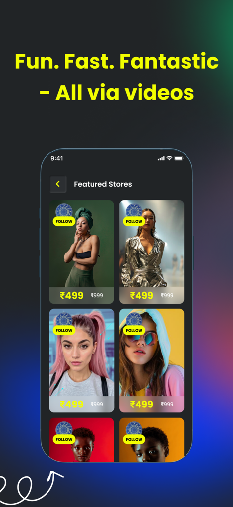 CoutLoot mobile app screen showing featured creator stores with product prices and follow buttons