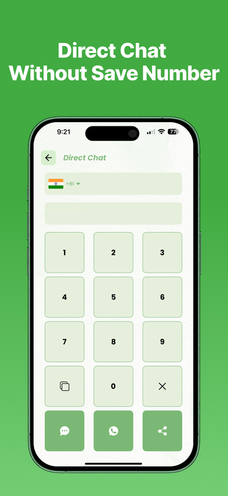 Interfaz de smartphone mostrando un teclado numérico para la función de chat directo para enviar mensajes a números no guardados.