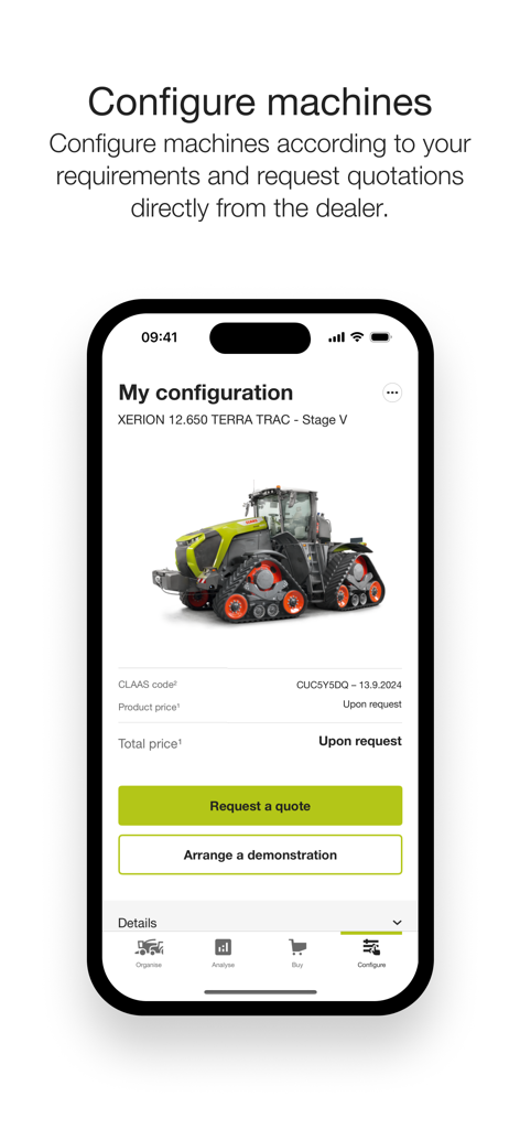 CLAAS connect - Smartphone-Bildschirm, der die CLAAS connect App mit einer Konfiguration für einen XERION Traktor und Optionen zur Angebots- oder Vorführungsanfrage anzeigt