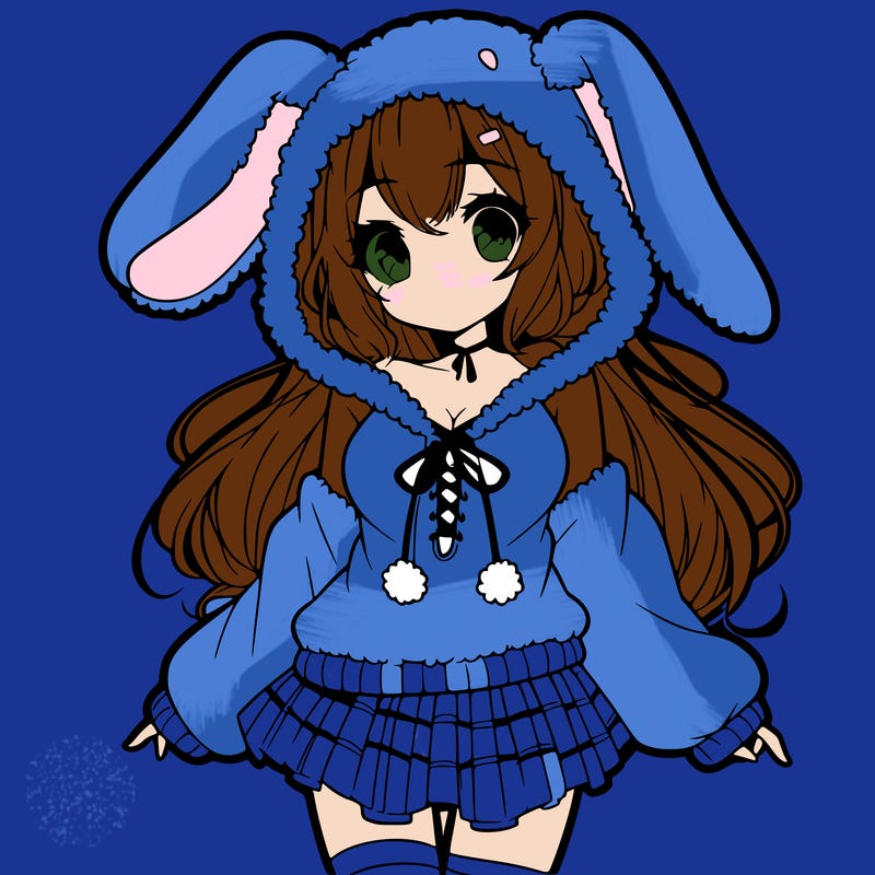 pretty anime girl wearing a fluffy hoodie with bunny ears on the hood and a skirt