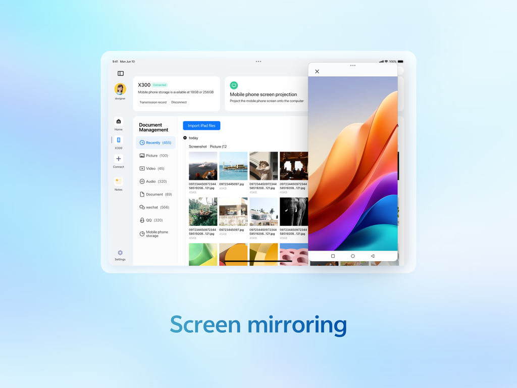 Interface of the vivo Office Kit app on an iPad showing the screen mirroring feature and document management.
