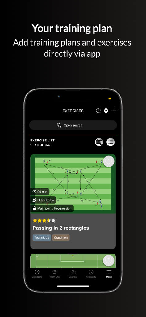 Soccer coaching app showing a tactical drill diagram for passing in two rectangles with training details and exercise list