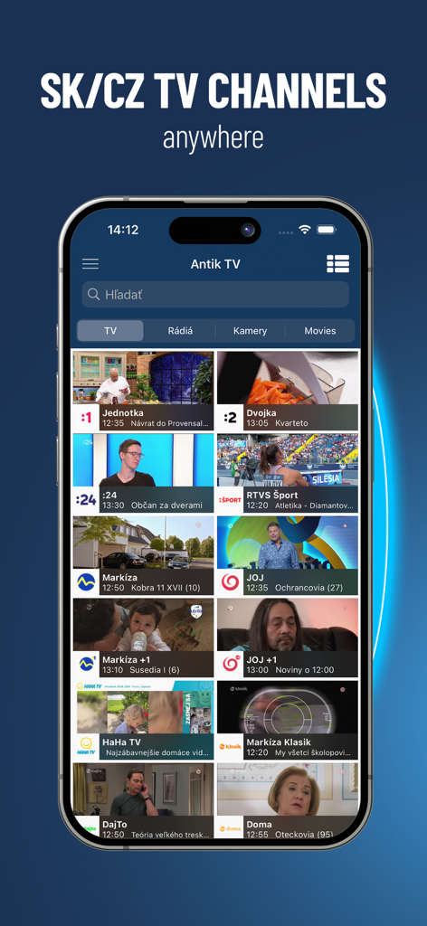 Antik TV - Antik TV mobile app screen showing a grid of live Slovak and Czech television channels