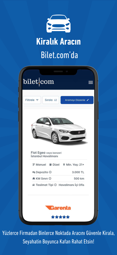 Bilet.com: Uçak Otobüs Feribot - Bilet.com mobile app screen for car rental featuring a Fiat Egea at Istanbul Airport through Garenta