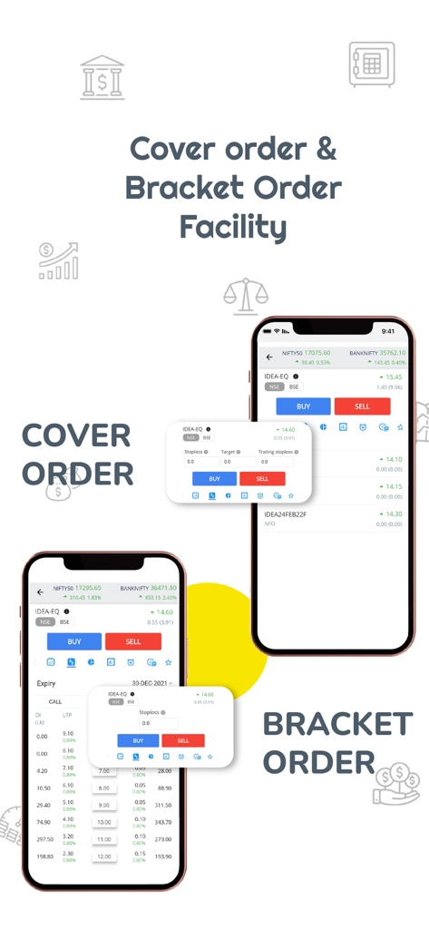 Interface mobile de l'application FLATTRADE proposant des options d'ordres couverture et bracket