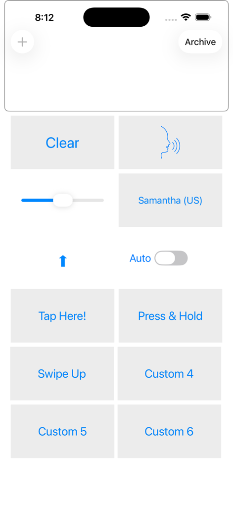 Talk For Me - Text to Speech - Main dashboard of the Talk For Me app featuring large customizable buttons for quick text to speech communication