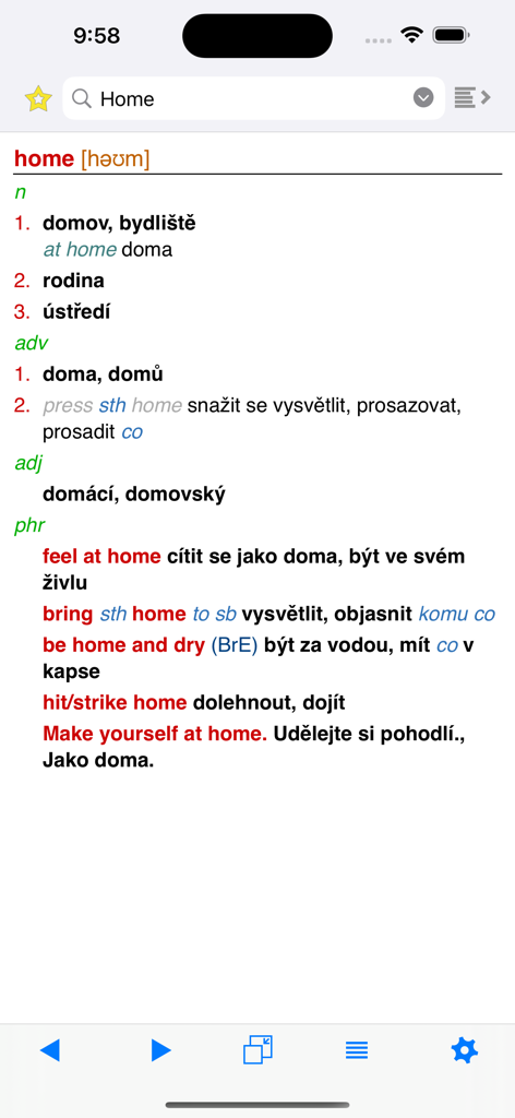 Lingea HandyLex - Screenshot of the Lingea HandyLex app displaying a detailed English to Czech translation for the word home including phrases and phonetics