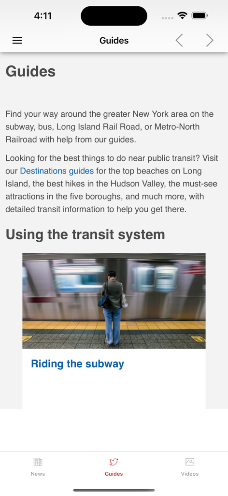 NYC Metro Map + - Leitfaden-Bildschirm in der NYC Metro Map App, der Informationen zur Nutzung des Transportsystems und zur Fahrt mit der U-Bahn zeigt.