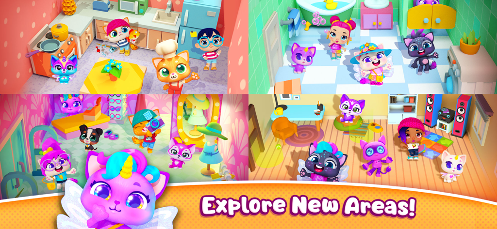 Pocket Town - Animal World - Four-panel collage of various colorful rooms in Pocket Town with cute animal characters and the text Explore New Areas