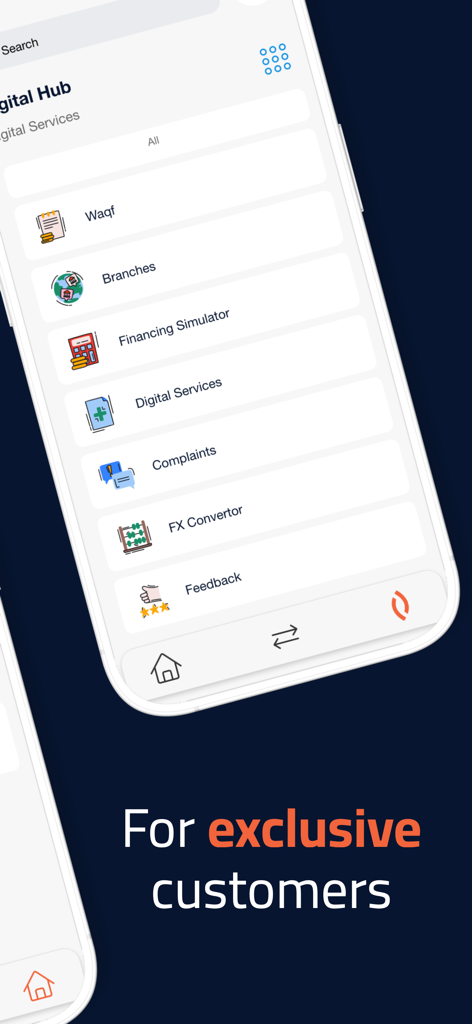 MySalam+ - Digital Hub screen of the MySalam plus app displaying a menu of banking services including a financing simulator and FX convertor