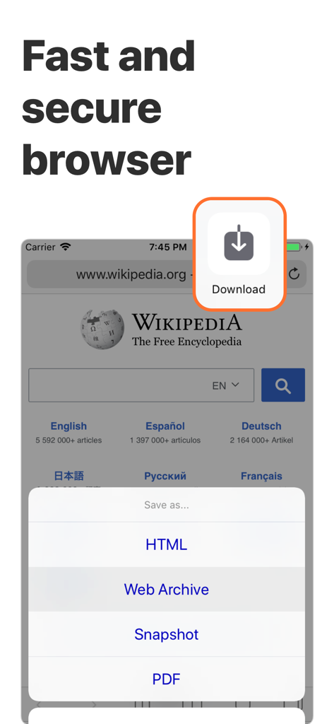 Interface do Navegador Bolt mostrando opções para guardar páginas web como PDF ou HTML para visualização offline