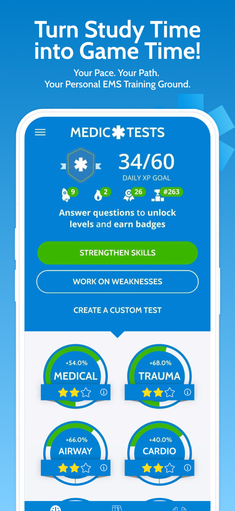 MedicTests 2026 EMS Education - MedicTests app dashboard showing gamified EMS training with XP goals and performance metrics for medical and trauma skills.