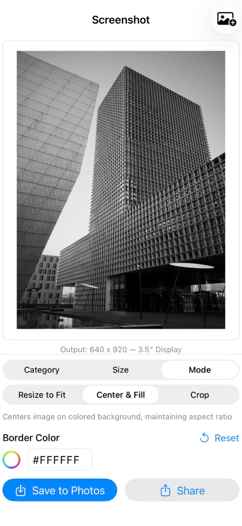 Interfaz de la aplicación ScreenshotResize mostrando opciones de centrado de imagen y selección de color de borde para una pantalla de 3.5 pulgadas.