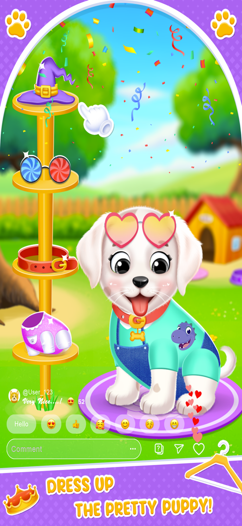 Labrador Puppy Care - A white Labrador puppy wearing heart-shaped sunglasses and a teal shirt in a dress-up game scene.