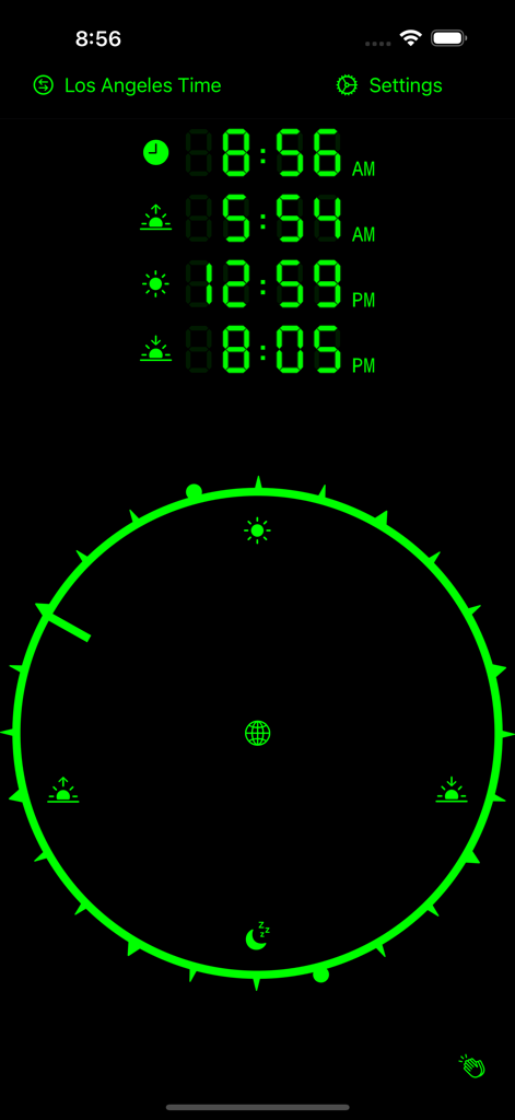 デジタルサンダイアルインターフェース、ネオングリーンの24時間円形ダイヤルに太陽時と天文アンカーが表示されている