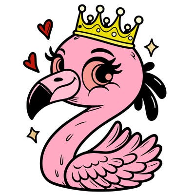 funny smiling flamingo with a crown around his neck