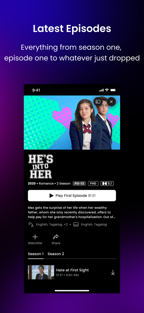 iWantTFC mobile app interface showing the series detail page for He's Into Her with a play button and list of episodes.