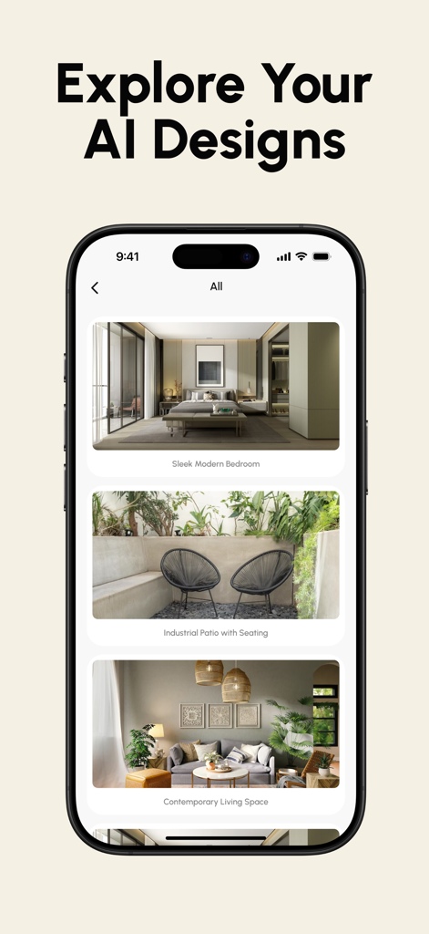 Visualize AI - Interior Design - A mobile app screen showing a gallery of AI-generated interior and exterior home designs including a sleek bedroom and industrial patio.