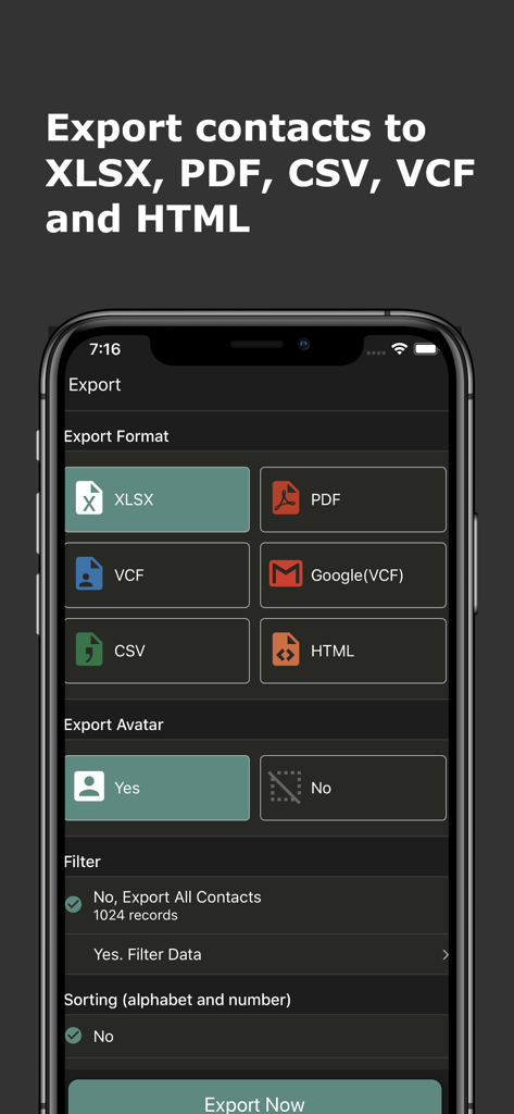 Export Contacts - Easy Backup - User interface of the Export Contacts app showing options to export contacts to XLSX, PDF, CSV, and VCF formats