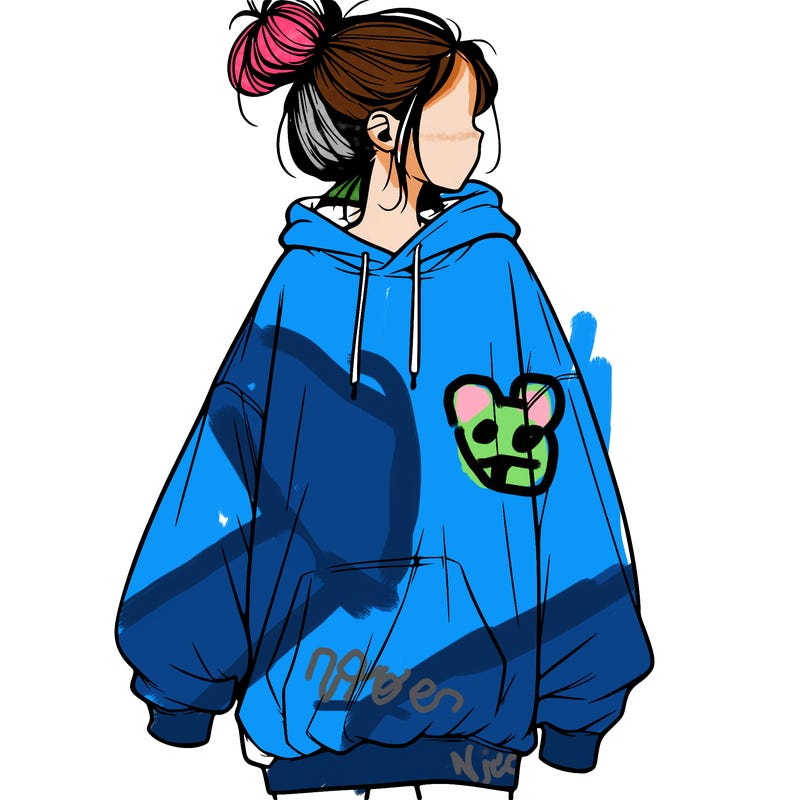 realistic girl with a oversized sweatshirt on and a bun