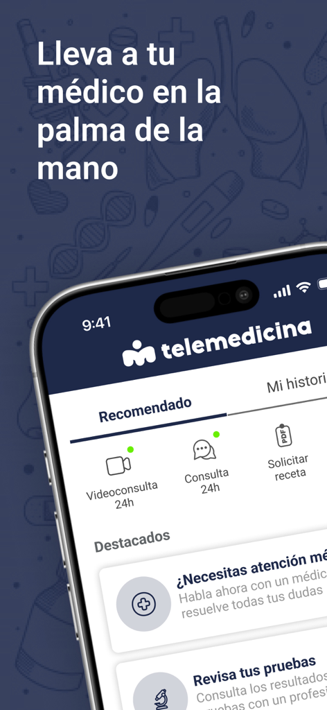 Telemedicina PEP - Tela inicial do aplicativo Telemedicina PEP mostrando opções de videochamadas 24h e chat médico em espanhol.