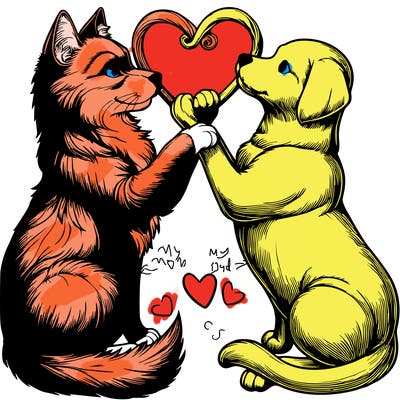 realistic cat and dog making a love heart with their tails