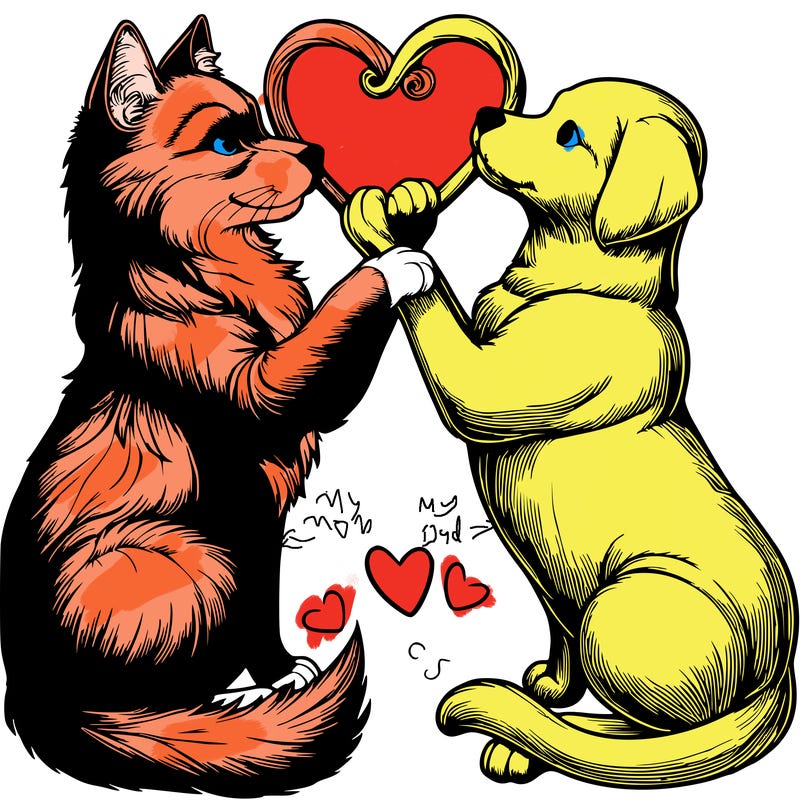 realistic cat and dog making a love heart with their tails